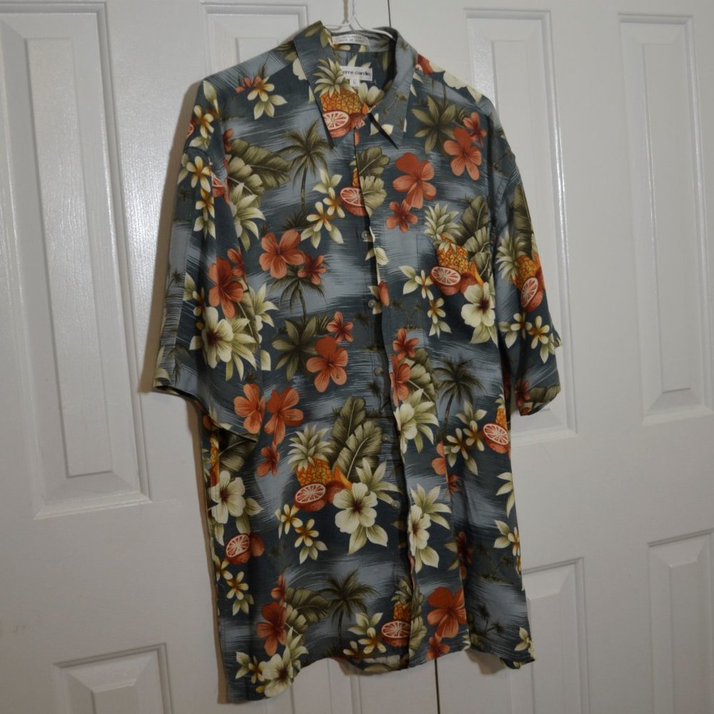 Men's Pierre Cardin Hawaiian Shirt Gray w/ Orange Tropical Flowers Large